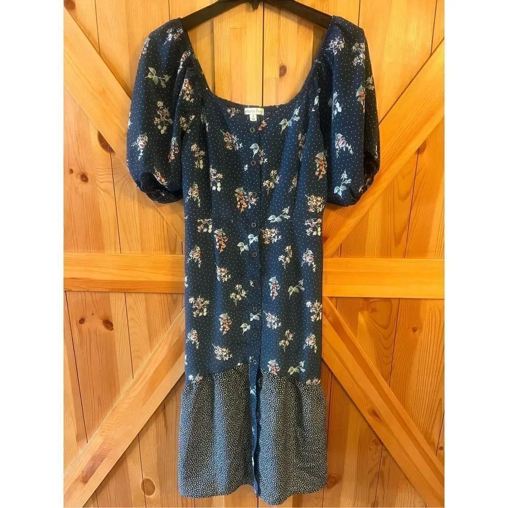Ophelia Roe Button Front Dress Size Med Floral Short Sleeve Off Shoulder (1149)